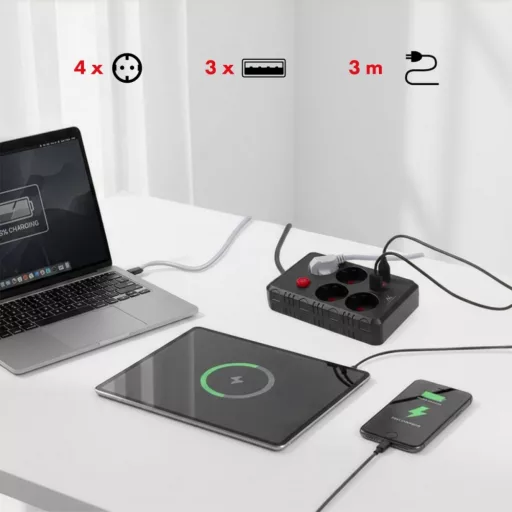 Maclean power strip, 4-socket extension cable + 3xUSB, 110-240V AC 50/60Hz, 2.1A max 2500W, 3m, black, MCE393 B