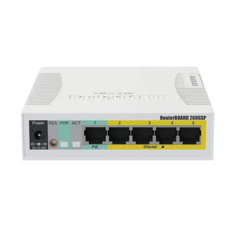 Mikrotik RB260GSP hálózati kapcsoló Vezérelt Gigabit Ethernet (10/100/1000) Ethernet-áramellátás (PoE) támogatása Fehér