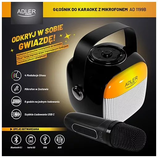 Adler AD 1199 black Karaoke speaker with microphone - SD/USB/AUX/Bluetooth