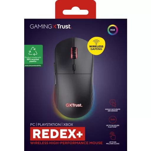 Trust GXT 927 Redex+ egér Játék Jobbkezes RF Wireless + USB Type-A Lézer 25600 DPI