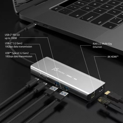 j5create JCD403-N hálózati csatlakozó USB C-típus 10000 Mbit/s Szürke