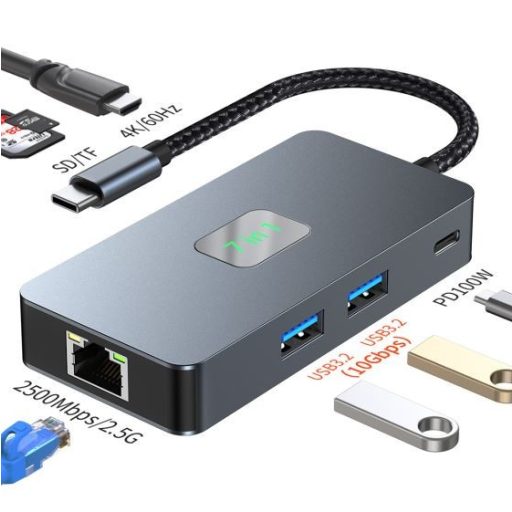 Adapter HUB USB C (7w1) HDMI USB SD/TF RJ45 (2500 Mbps) PD