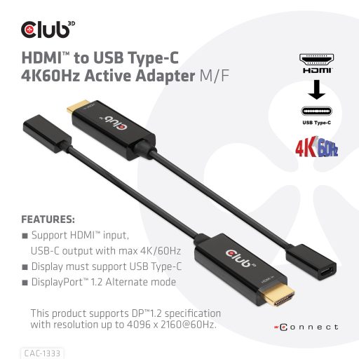CLUB3D CAC-1333 video átalakító kábel 0,22 M HDMI A-típus (Standard) USB C-típus Fekete