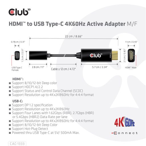 CLUB3D CAC-1333 video átalakító kábel 0,22 M HDMI A-típus (Standard) USB C-típus Fekete