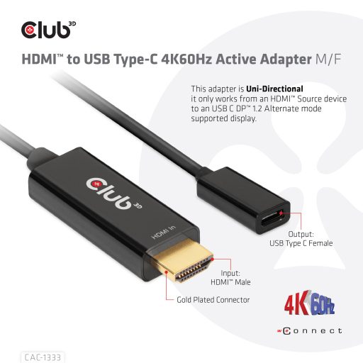 CLUB3D CAC-1333 video átalakító kábel 0,22 M HDMI A-típus (Standard) USB C-típus Fekete
