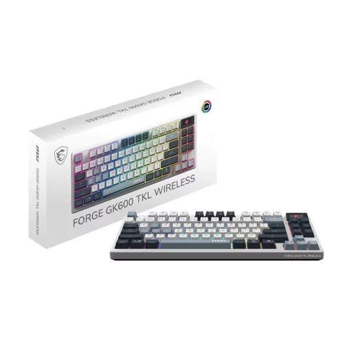 MSI FORGE GK600 TKL WIRELESS SKY billentyűzet Játék USB + Bluetooth QWERTY Brit angol Kék, Fehér