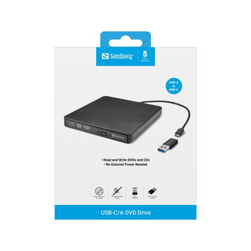 Sandberg USB-C/A DVD Drive optikai meghajtó DVD Super Multi DL Fekete