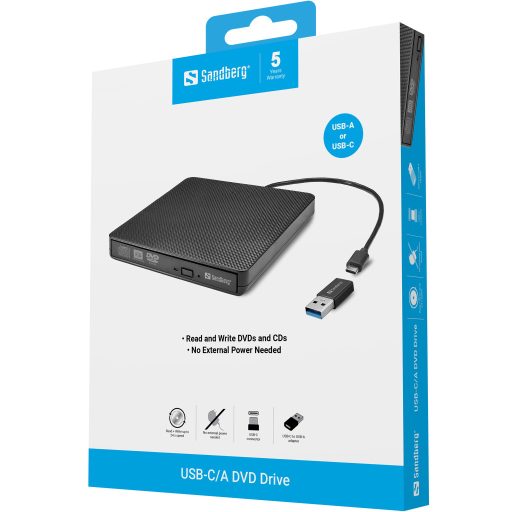 Sandberg USB-C/A DVD Drive optikai meghajtó DVD Super Multi DL Fekete