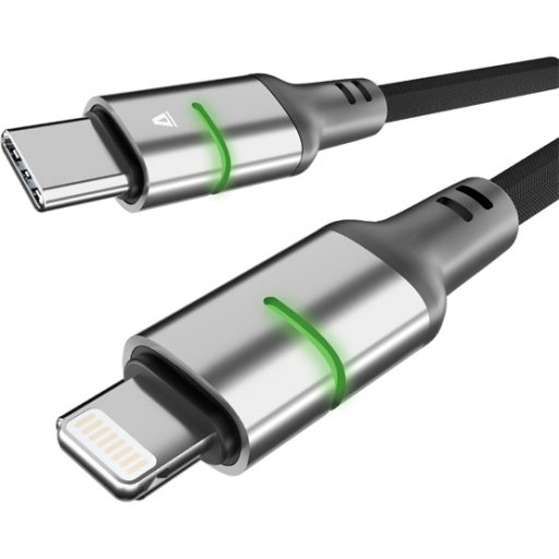 KAB AVAX CB636 STEELY LED 27W USB-C – Lightning gyorstöltő kábel, fonott, fekete - 2m