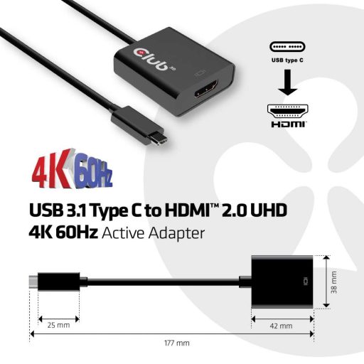 CLUB3D CAC-2504 video átalakító kábel 0,15 M USB C-típus HDMI A-típus (Standard) Fekete