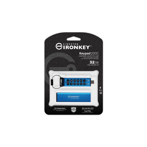 Kingston Technology IronKey Keypad 200 USB flash meghajtó 32 GB USB C-típus 3.2 Gen 1 (3.1 Gen 1) Kék
