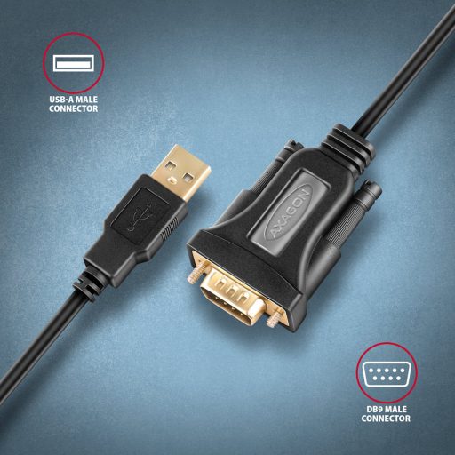 Axagon ADS-1PQN USB-A 2.0 - serial RS-232 DB9-M FTDI adapter cable 1.5m - Adapter - Digital/Daten soros kábel Fekete 1,5 M USB A típus