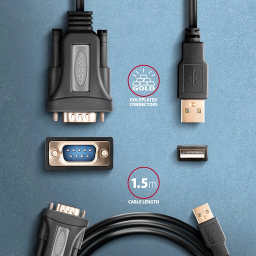 Axagon ADS-1PQN USB-A 2.0 - serial RS-232 DB9-M FTDI adapter cable 1.5m - Adapter - Digital/Daten soros kábel Fekete 1,5 M USB A típus