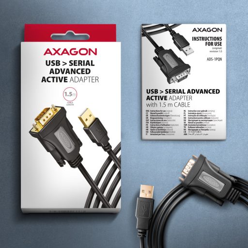 Axagon ADS-1PQN USB-A 2.0 - serial RS-232 DB9-M FTDI adapter cable 1.5m - Adapter - Digital/Daten soros kábel Fekete 1,5 M USB A típus