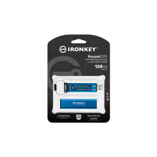 Kingston Technology IronKey Keypad 200 USB flash meghajtó 128 GB USB A típus 3.2 Gen 1 (3.1 Gen 1) Kék