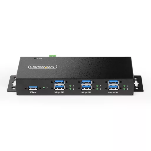 StarTech.com 5G7AINDRM-USB-A-HUB hálózati csatlakozó USB 3.2 Gen 1 (3.1 Gen 1) Type-B 5000 Mbit/s Fekete