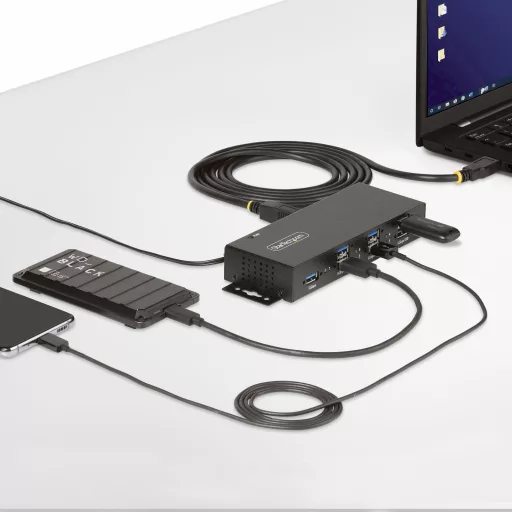 StarTech.com 5G7AINDRM-USB-A-HUB hálózati csatlakozó USB 3.2 Gen 1 (3.1 Gen 1) Type-B 5000 Mbit/s Fekete