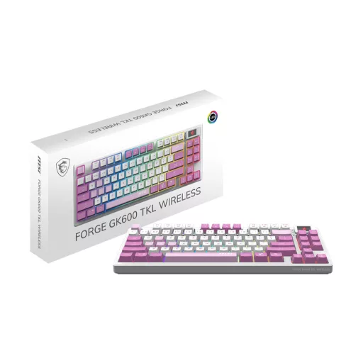 MSI FORGE GK600 TKL WIRELESS VIOLET billentyűzet Játék USB + Bluetooth QWERTY Brit angol Rózsaszín, Ibolya, Fehér