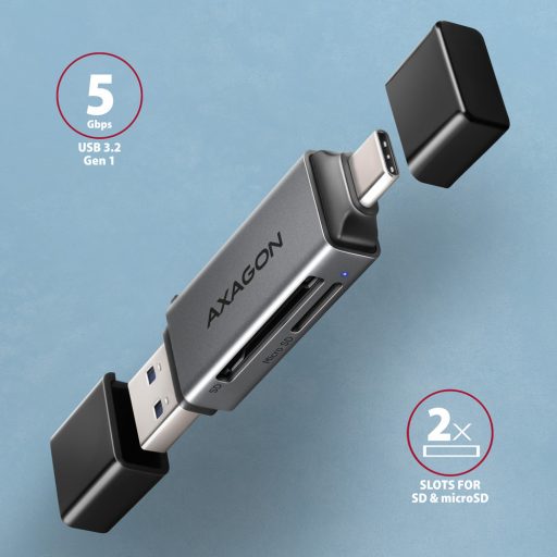 Axagon CRE-DAC USB-C+ USB-A 5 Gbps MINI card reader 2-slot & lun SD/microSD kártyaolvasó USB 3.0 Type-A/Type-C Szürke