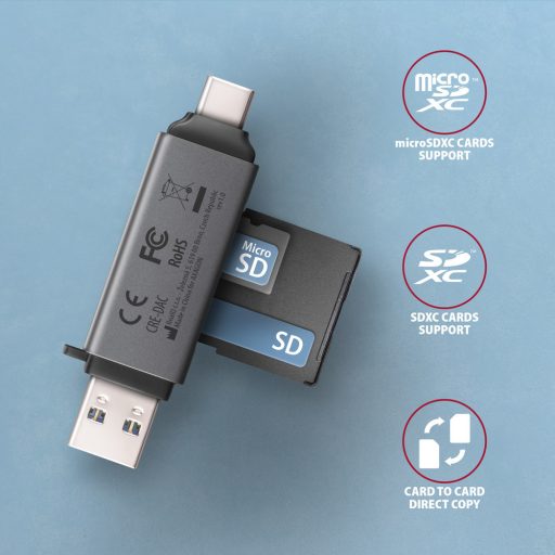 Axagon CRE-DAC USB-C+ USB-A 5 Gbps MINI card reader 2-slot & lun SD/microSD kártyaolvasó USB 3.0 Type-A/Type-C Szürke