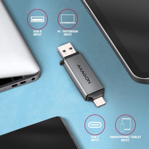 Axagon CRE-DAC USB-C+ USB-A 5 Gbps MINI card reader 2-slot & lun SD/microSD kártyaolvasó USB 3.0 Type-A/Type-C Szürke