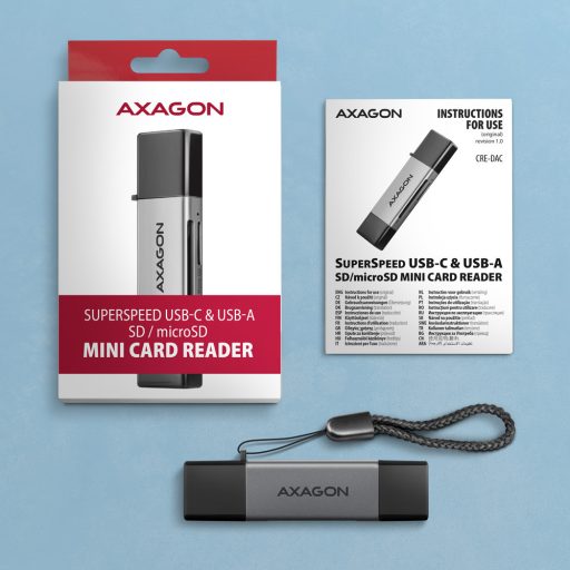 Axagon CRE-DAC USB-C+ USB-A 5 Gbps MINI card reader 2-slot & lun SD/microSD kártyaolvasó USB 3.0 Type-A/Type-C Szürke