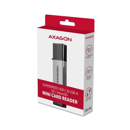 Axagon CRE-DAC USB-C+ USB-A 5 Gbps MINI card reader 2-slot & lun SD/microSD kártyaolvasó USB 3.0 Type-A/Type-C Szürke
