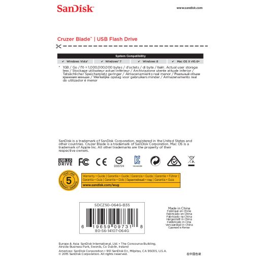 SanDisk Cruzer Blade USB flash meghajtó 64 GB USB A típus 2.0 Fekete, Vörös