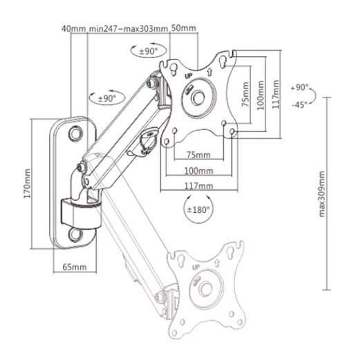 Gembird MA-WA1-01 asztali TV konzol 68,6 cm (27") Fali Fekete