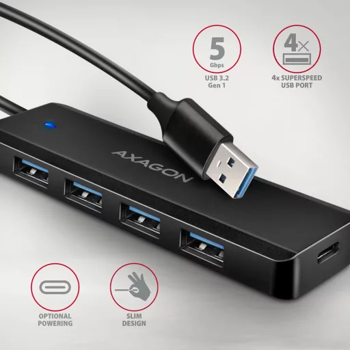 Axagon HUE-C1A hálózati csatlakozó USB 3.2 Gen 1 (3.1 Gen 1) Type-A 5000 Mbit/s Fekete