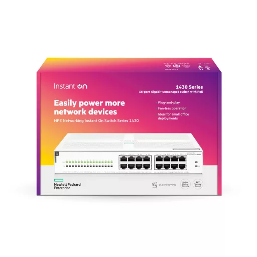 HPE Aruba Networking Networking Instant On Switch 16p Gigabit CL4 PoE 124W 1430 Beállítást nem igénylő (unmanaged) L2 Gigabit Ethernet (10/100/1000) Ethernet-áramellátás (PoE) támogatása 1U Fehér