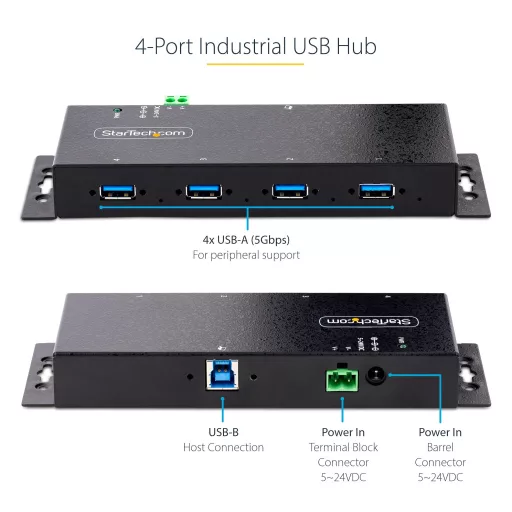 StarTech.com 5G4AINDNP-USB-A-HUB hálózati csatlakozó USB 3.2 Gen 1 (3.1 Gen 1) Type-B 5000 Mbit/s Fekete
