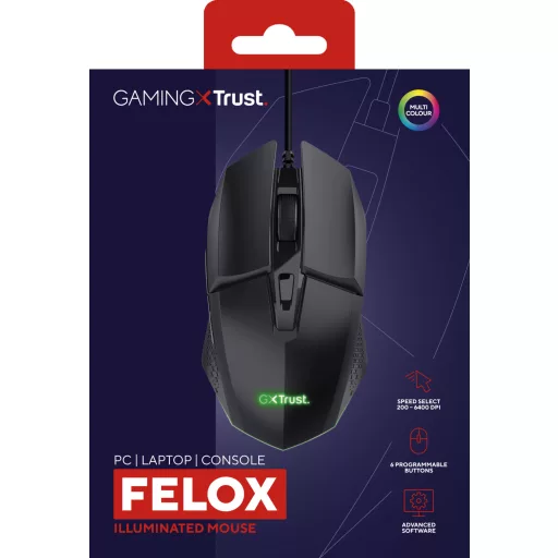 Trust GXT 109 Felox egér Játék Jobbkezes USB A típus Optikai 6400 DPI