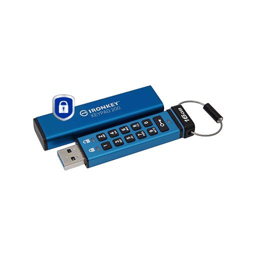 Kingston Technology IronKey Keypad 200 USB flash meghajtó 16 GB USB A típus 3.2 Gen 1 (3.1 Gen 1) Kék