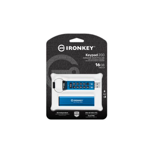 Kingston Technology IronKey Keypad 200 USB flash meghajtó 16 GB USB A típus 3.2 Gen 1 (3.1 Gen 1) Kék