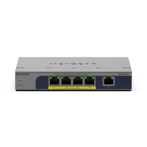 NETGEAR GS105PP Beállítást nem igénylő (unmanaged) Gigabit Ethernet (10/100/1000) Ethernet-áramellátás (PoE) támogatása Asztali/falra szerelhető Szürke