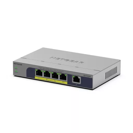 NETGEAR GS105PP Beállítást nem igénylő (unmanaged) Gigabit Ethernet (10/100/1000) Ethernet-áramellátás (PoE) támogatása Asztali/falra szerelhető Szürke