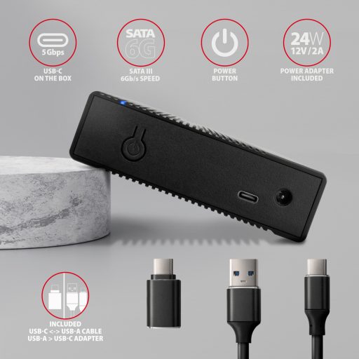 Axagon EE35-GTR USB-C 5Gbps - SATA 6G, 3.5 RIBBED box BLACK - USB Typ C HDD ház Fekete 3.5"