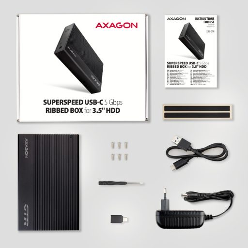 Axagon EE35-GTR USB-C 5Gbps - SATA 6G, 3.5 RIBBED box BLACK - USB Typ C HDD ház Fekete 3.5"
