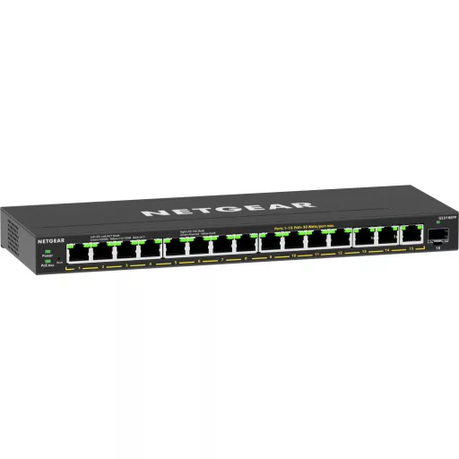 NETGEAR 16-Port High-Power PoE+ Gigabit Ethernet Plus Switch (231W) with 1 SFP port (GS316EPP) Vezérelt Gigabit Ethernet (10/100/1000) Ethernet-áramellátás (PoE) támogatása Fekete