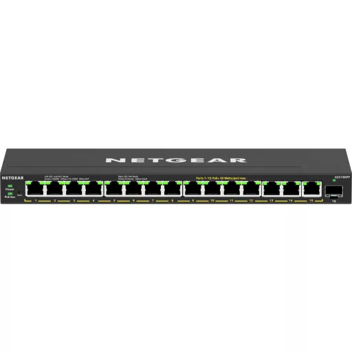 NETGEAR 16-Port High-Power PoE+ Gigabit Ethernet Plus Switch (231W) with 1 SFP port (GS316EPP) Vezérelt Gigabit Ethernet (10/100/1000) Ethernet-áramellátás (PoE) támogatása Fekete