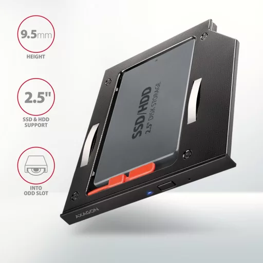 Axagon RSS-CD09 2.5 SSD/HDD caddy into DVD slot 9.5 mm LED ALU Belső SATA