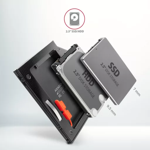 Axagon RSS-CD09 2.5 SSD/HDD caddy into DVD slot 9.5 mm LED ALU Belső SATA