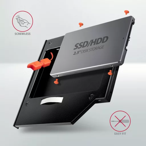 Axagon RSS-CD09 2.5 SSD/HDD caddy into DVD slot 9.5 mm LED ALU Belső SATA