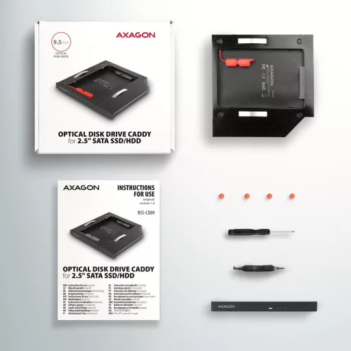 Axagon RSS-CD09 2.5 SSD/HDD caddy into DVD slot 9.5 mm LED ALU Belső SATA