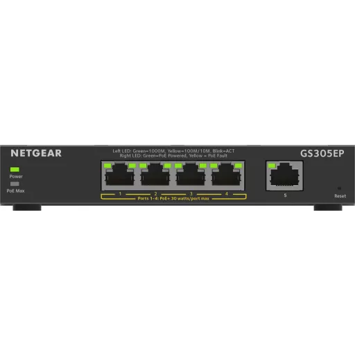 NETGEAR 5-Port Gigabit Ethernet PoE+ Plus Switch (GS305EP) Vezérelt L2/L3 Gigabit Ethernet (10/100/1000) Ethernet-áramellátás (PoE) támogatása Fekete