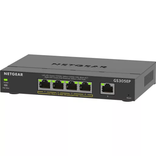 NETGEAR 5-Port Gigabit Ethernet PoE+ Plus Switch (GS305EP) Vezérelt L2/L3 Gigabit Ethernet (10/100/1000) Ethernet-áramellátás (PoE) támogatása Fekete