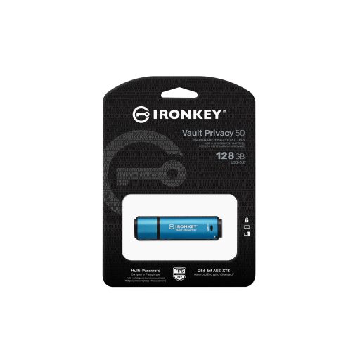 Kingston Technology IronKey Vault Privacy 50 USB flash meghajtó 128 GB USB A típus 3.2 Gen 1 (3.1 Gen 1) Fekete, Kék