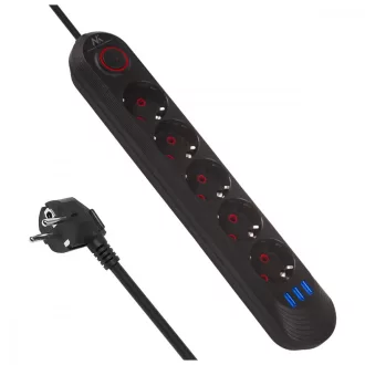   Maclean power strip, 5 socket extension cable + 3xUSB, 110-240V AC 50/60Hz, 2.1A max 2500W, 1.5m, black, MCE395 B