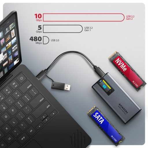 Axagon EEM2-SD2 tárolóegység burkolat Külső SSD ház Szürke M.2